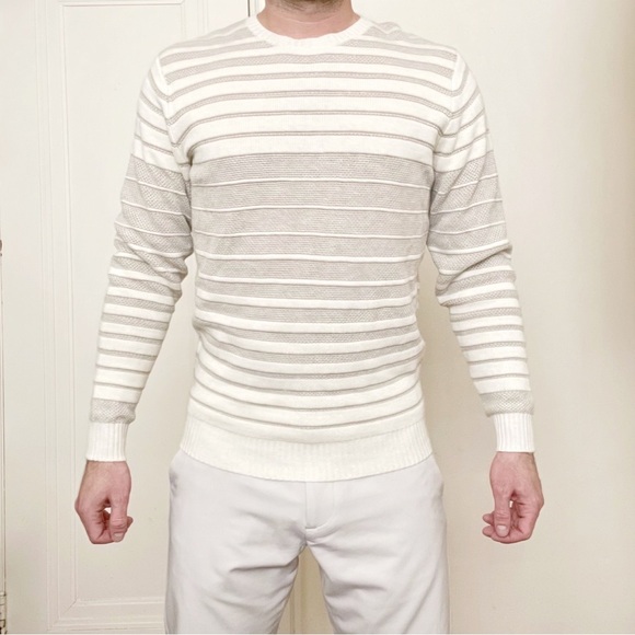 Peter Millar Men’s Midi Stripe Crew Sweater Summer Ivory Small New Merino Wool - Picture 1 of 8